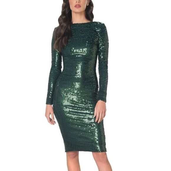 Dress The Population Green Sequined Bodycon Party Midi Dress NWT Size Small - Picture 1 of 8